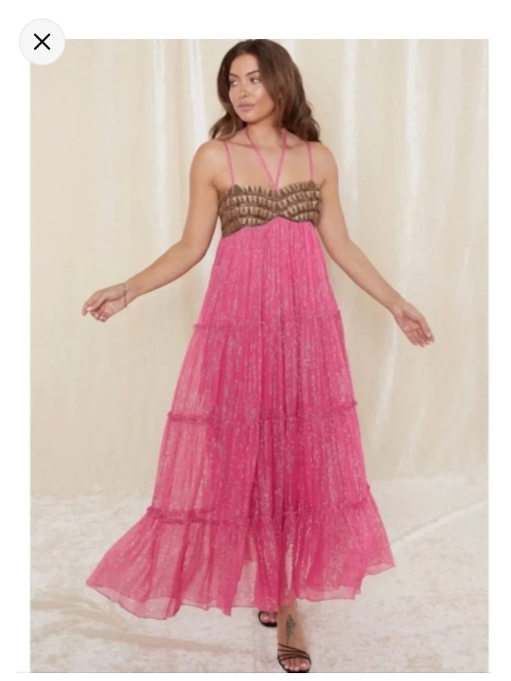 Size Medium Pink Tiered Glitter Maxi Dress with Embellished Bodice
